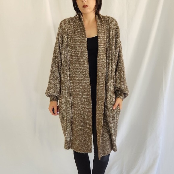 90s Oversize Brown and White Acrylic Cardigan - Picture 1 of 4